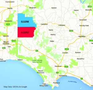 The exploration licence areas EL5298 and EL5297 in south-west Victoria, held by Mecrus Resources and believed by the company to contain 'world class' shale oil deposits. Graphic: JASON TULLY. 